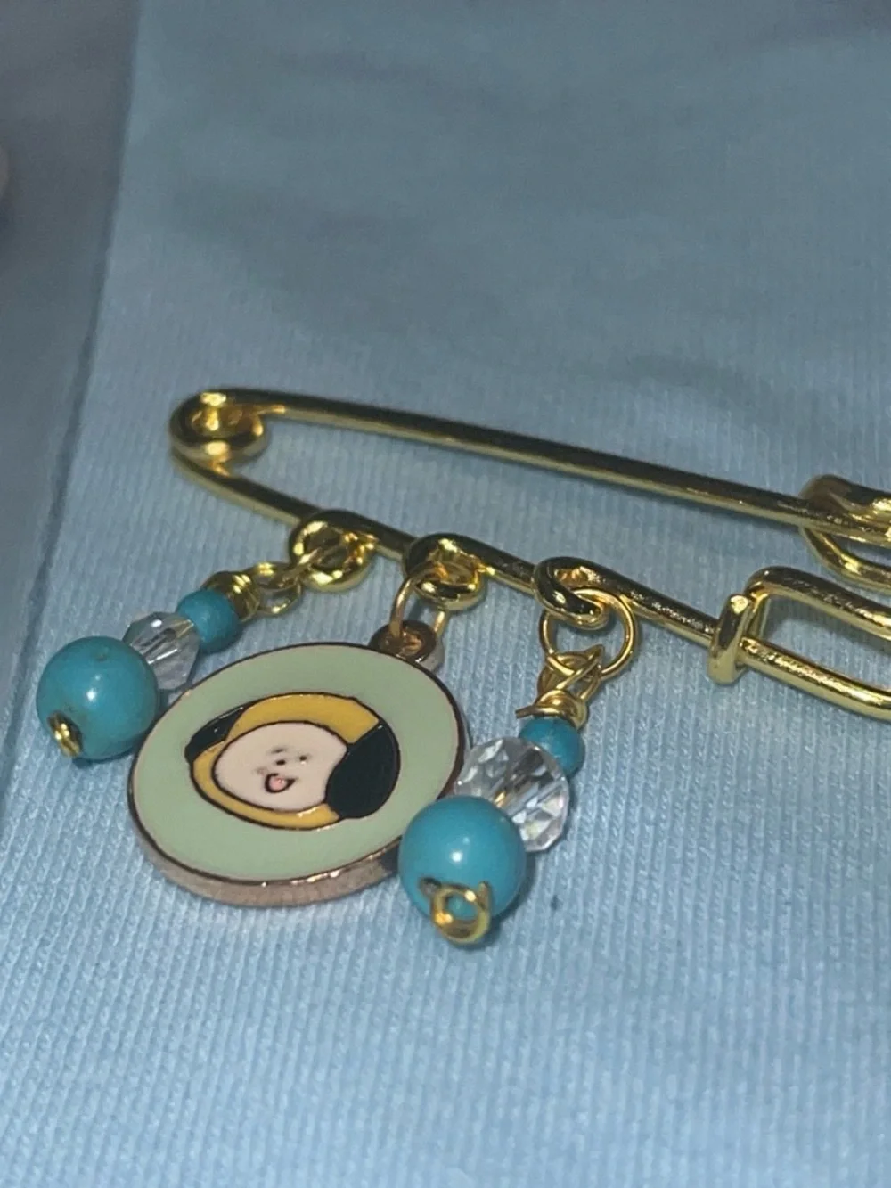 Gold Baby Face Safety Pin Brooch with Aqua Beads